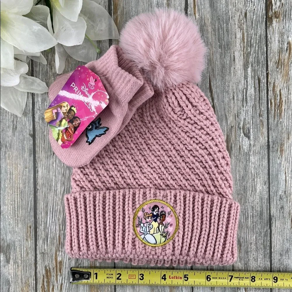 Baby Toddler Disney Princess Pink Knit Beanie and Mittens Set
